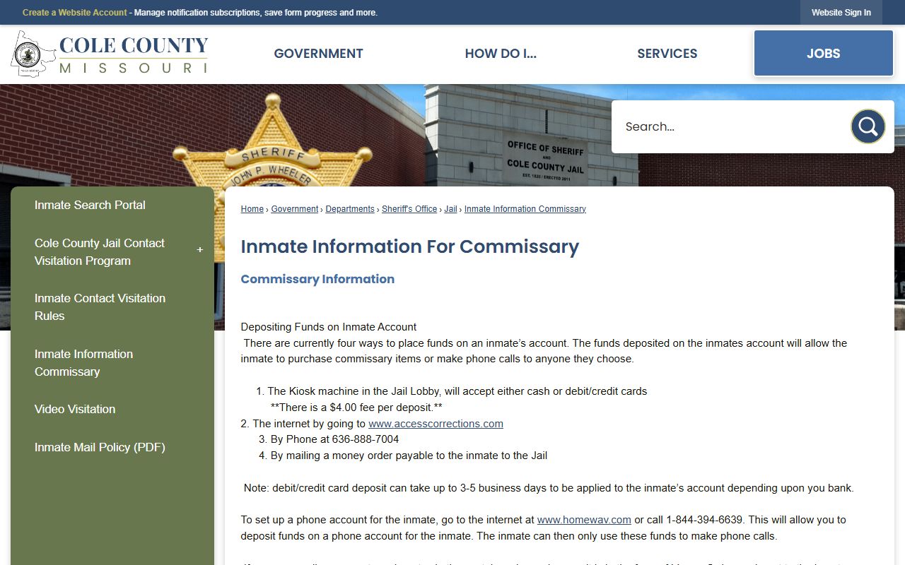 Cole County Detention Center commissary deposit and mail instructions