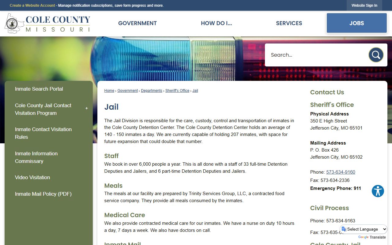 Cole County Detention Center jail page with capacity and booking statistics