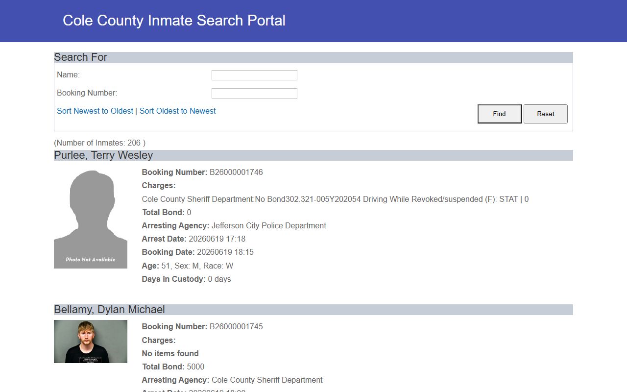 Cole County jail roster newest bookings sorted with mugshots and booking numbers
