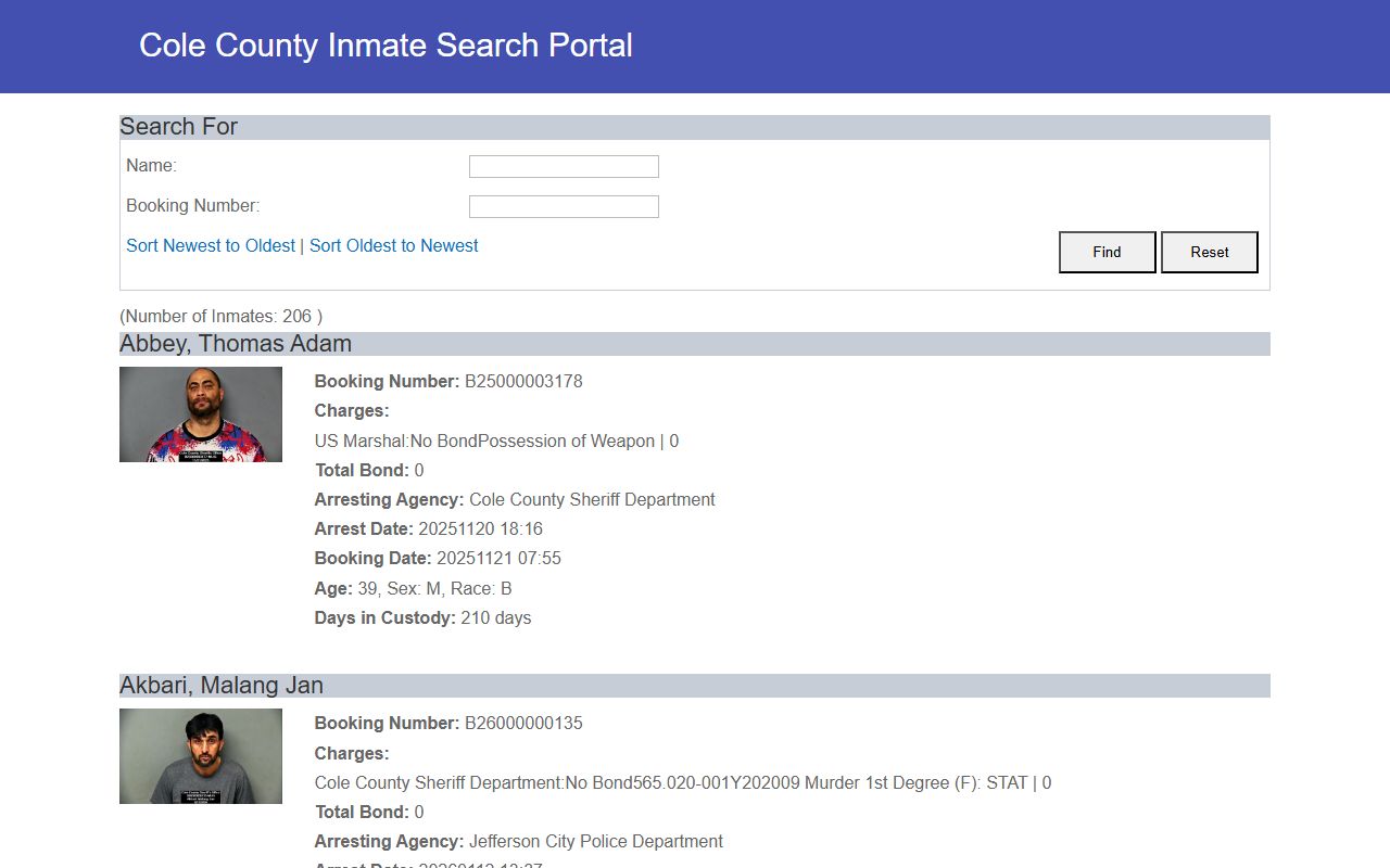Cole County Detention Center inmate roster search with booking photos and charges