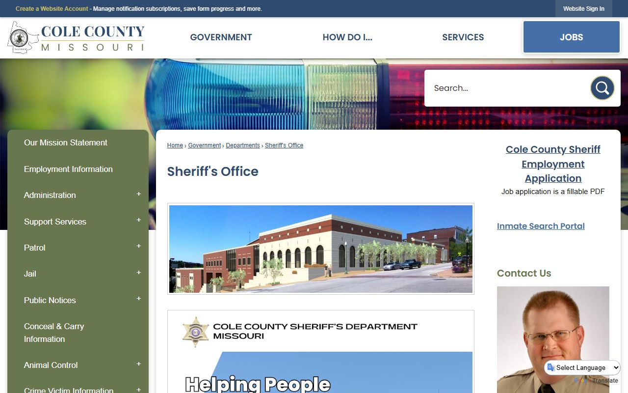 Cole County Sheriff's Office MobilePatrol and inmate population access page