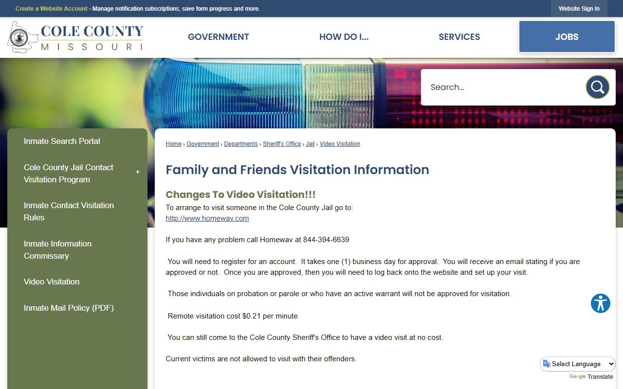 Cole County Detention Center HomeWAV video visitation schedule and rules